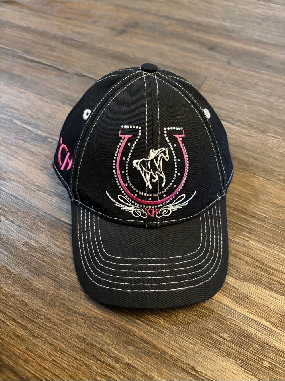 Girls Cowgirl Hardware Black Rhinestone Embroidered Horseshoe Horse Hat - Picture 1 of 4